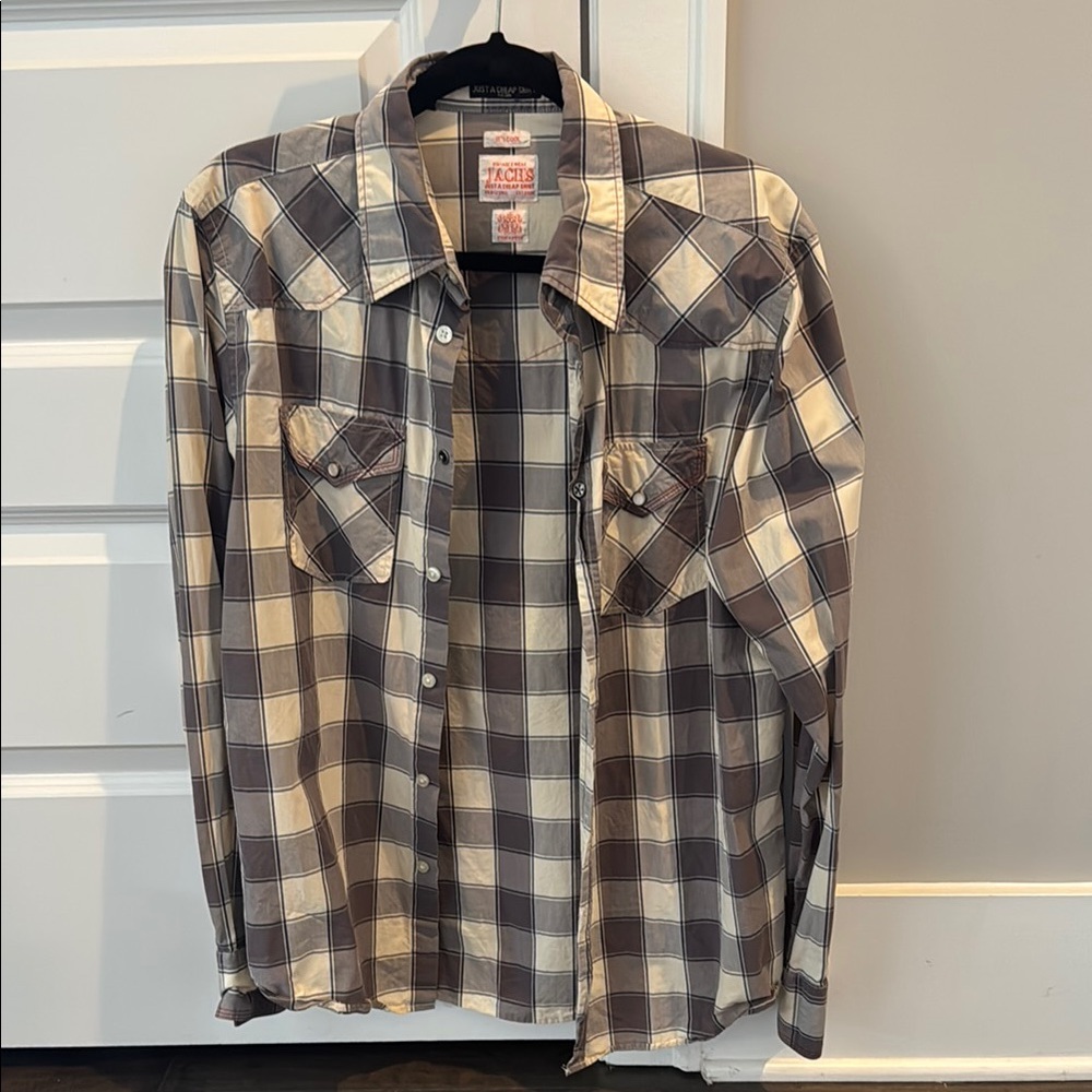 Brown and Cream Casual Button Down Shirt with Western Flair